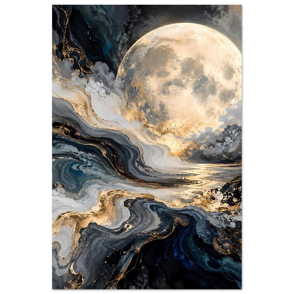 Poster im Hochformat mit großem Mond und abstrakten marmorierten Strukturen, blau-gold