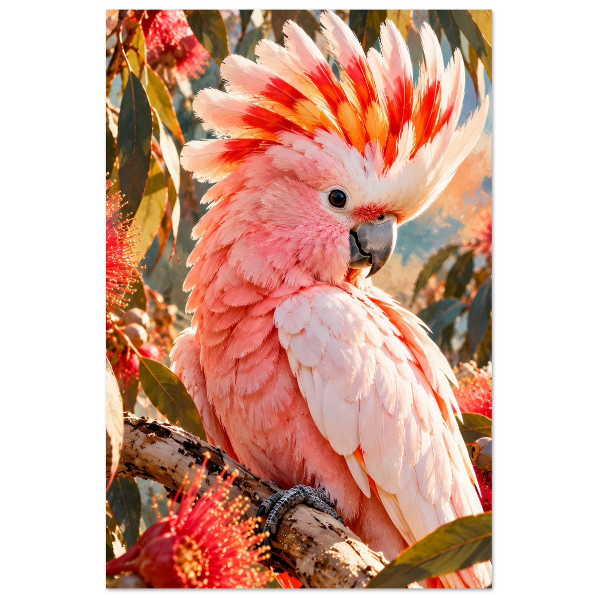 Kakadu-Poster im Hochformat: rosa-weißes Gefieder mit roten Blüten um Ast