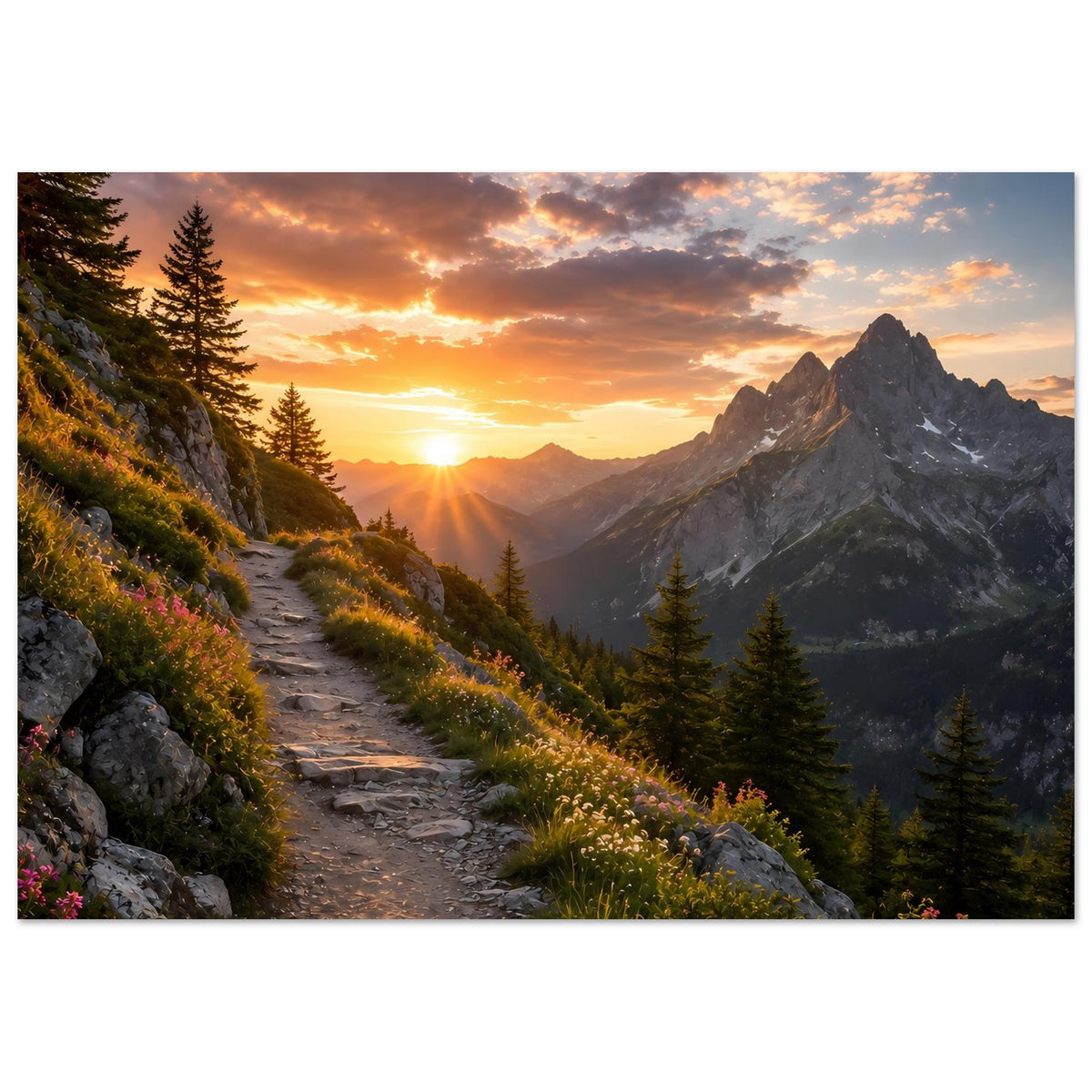 Poster mit Berglandschaft, steiniger Pfad, Sonnenuntergang am Horizont und Fichten