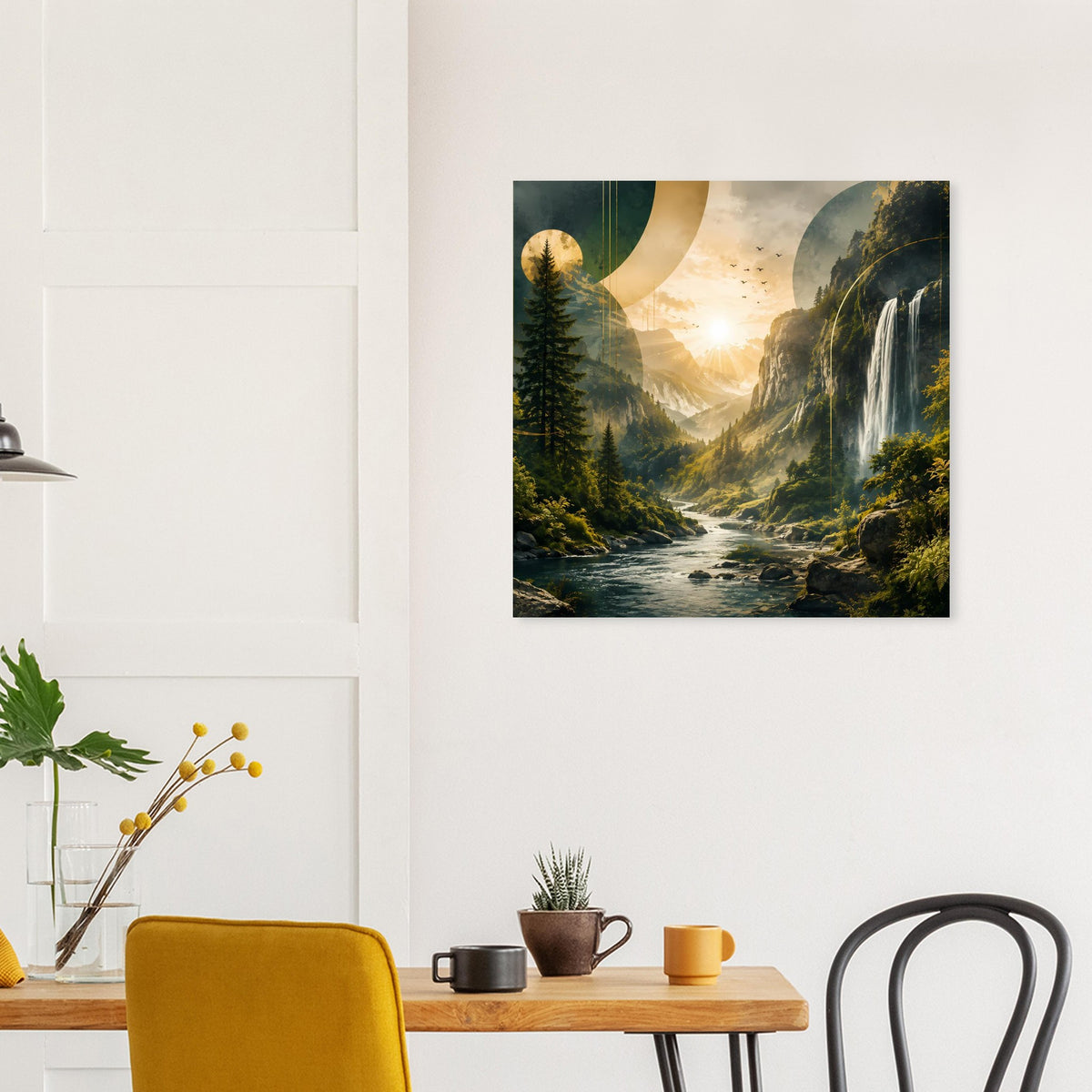 Landschafts-Poster mit Wasserfall im Gebirgstal, goldenes Licht, schwarzer Rahmen
