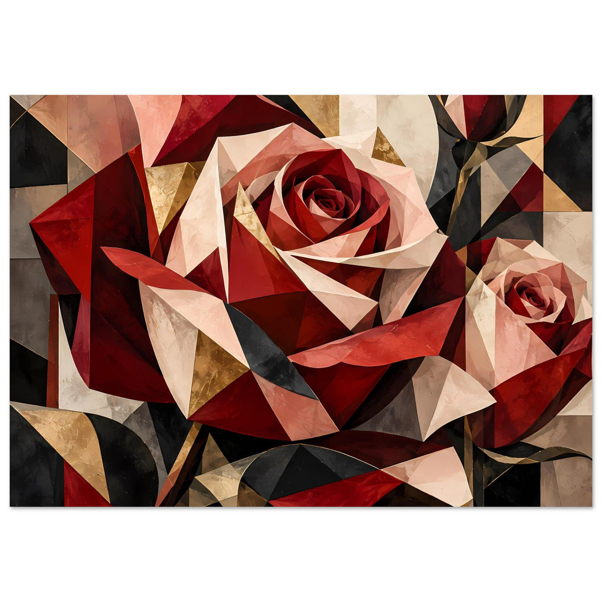 Blumenposter mit geometrischer Rot-Gold-Rose, zweite Rose rechts, abstrakte Kacheln