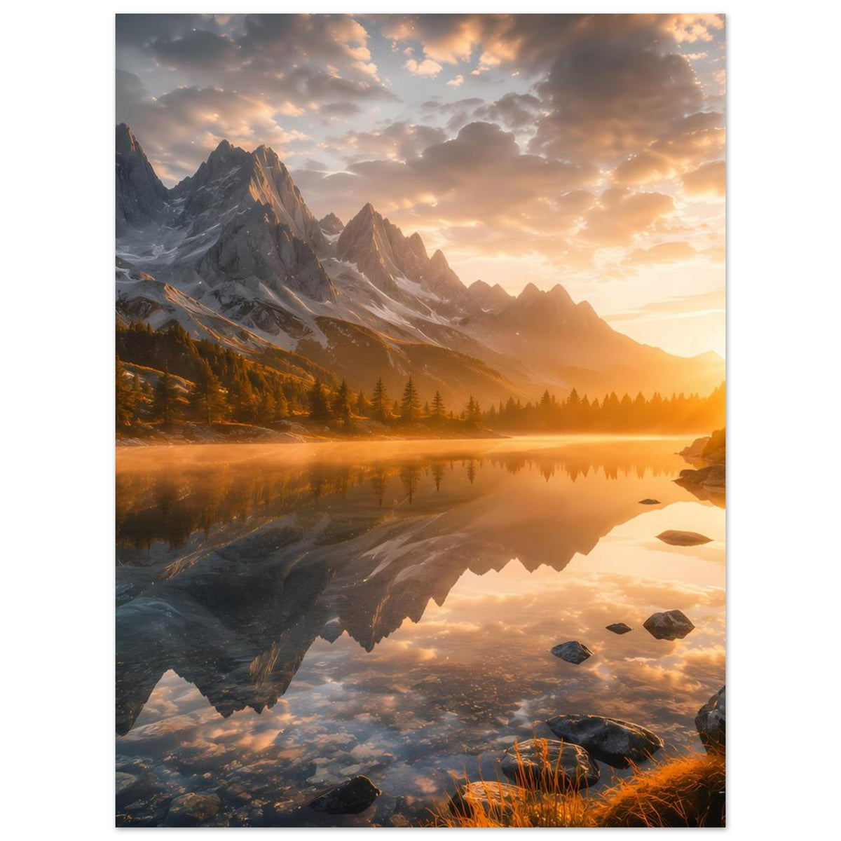 Poster im Hochformat mit Berg- und Seelandschaft bei Sonnenaufgang, Spiegelung im Wasser
