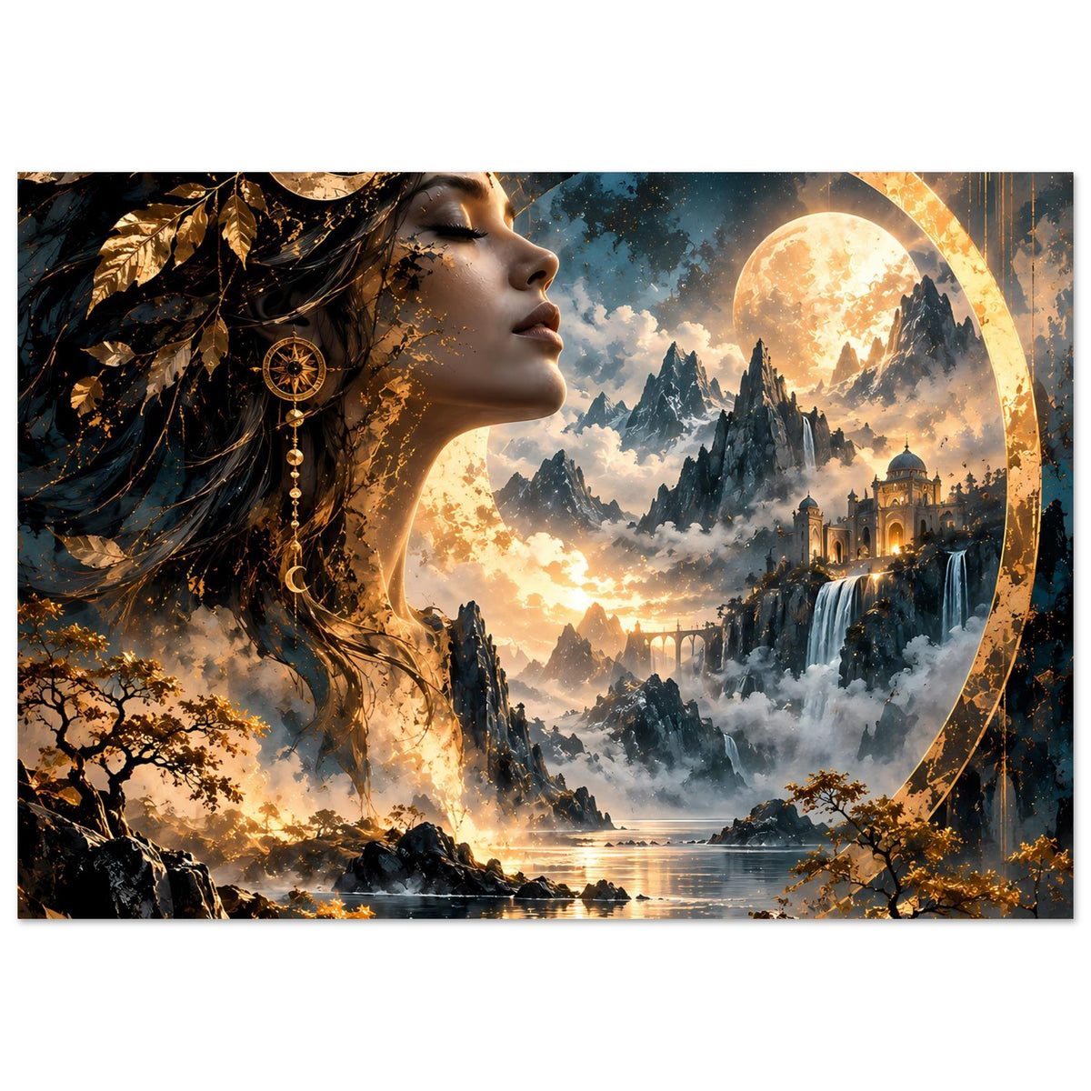 Matte Poster mit Göttinnenporträt, goldenem Mondkreis und mystischer Berglandschaft