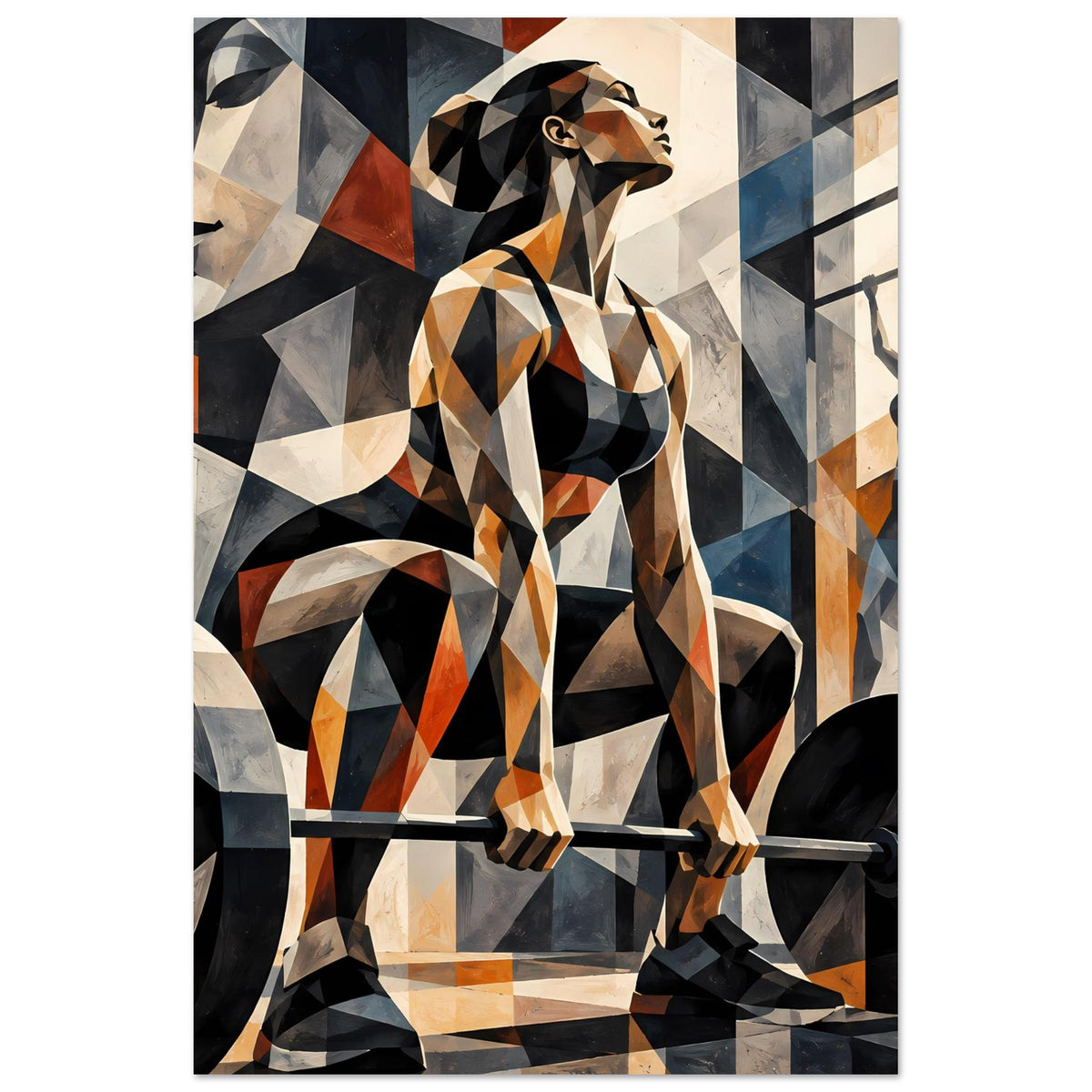Vertikales Fitness-Poster mit abstrakter Illustration: Athlet mit Langhantel, geometrische Flächen und Schatten