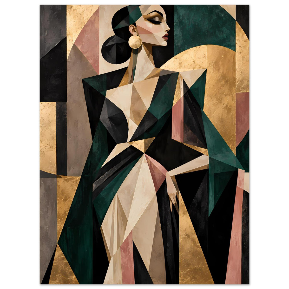 Abstraktes Poster mit geometrischer Frau in Olivgrün, Gold und Rosé