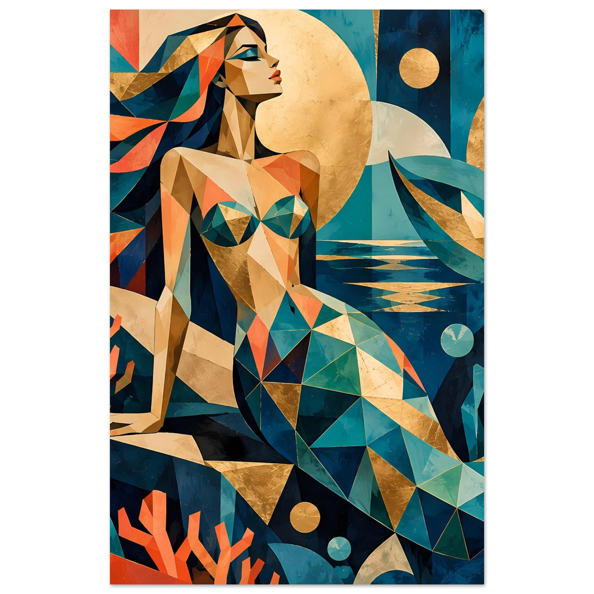 Geometrischer Meerjungfrauen-Kunstposter, Teal & Koralle, Figur mit Halbmond im Hintergrund
