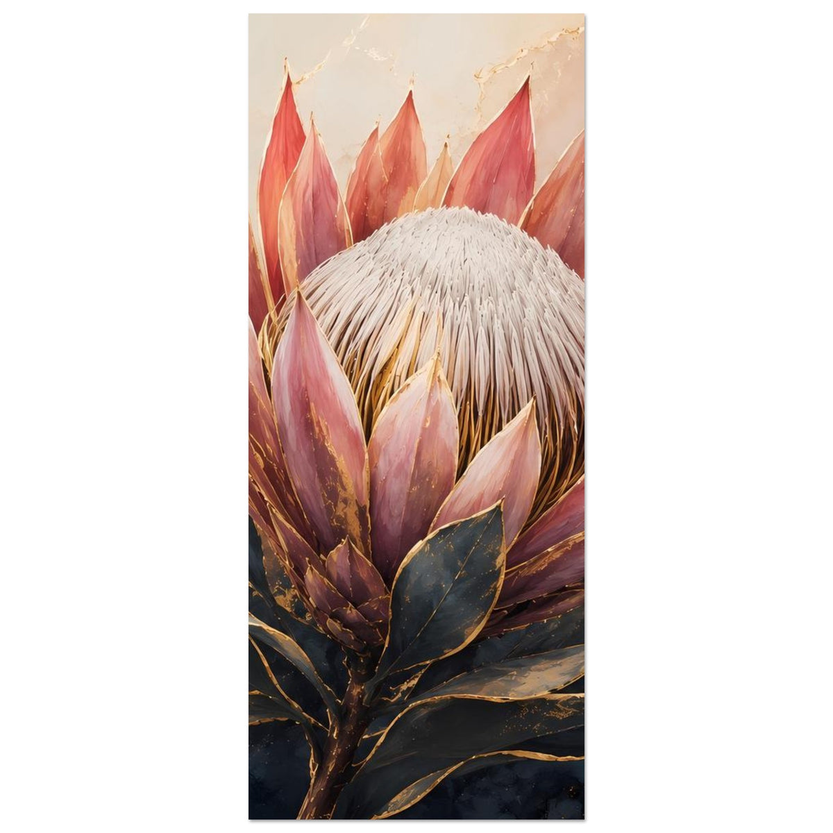 Botanisches Poster mit Königsprotea in Altrosa und Gold, schlanker Hochformat-Ausschnitt