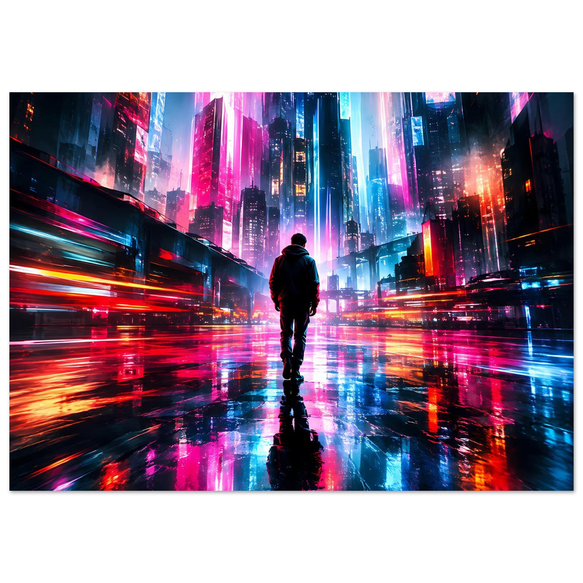 Horizontales Cyberpunk-Poster: einsamer Mann vor leuchtenden Gebäuden, Orange-Rot und Blau.