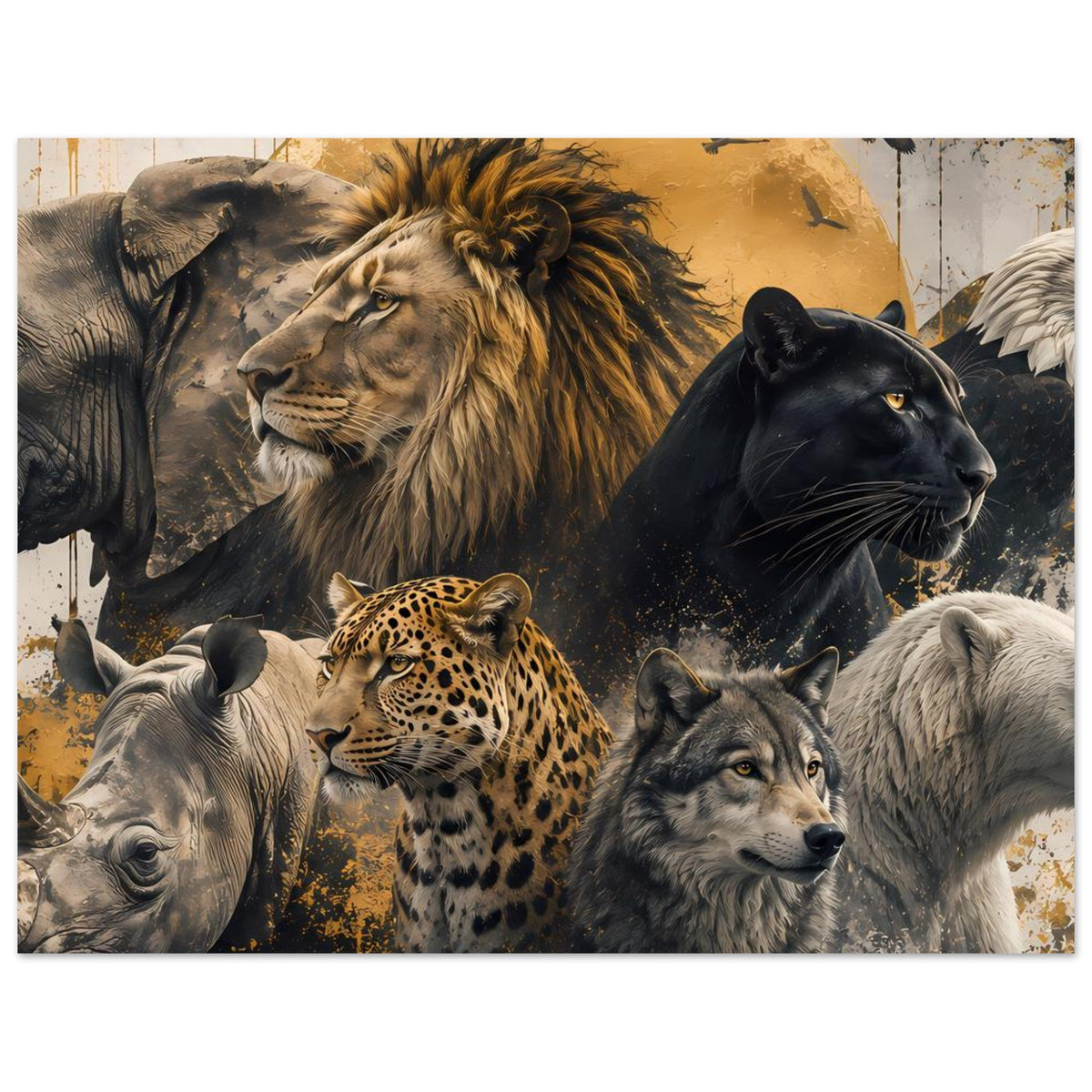 Wildtier-Poster (hochkant) mit Löwe, Panther, Leopard, Wolf und Elefant im Motiv
