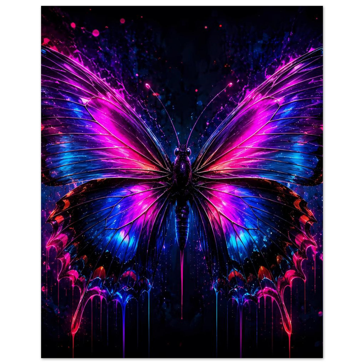 Neon-Schmetterling-Poster mit leuchtenden Flügeln in Blau und Magenta, im Hochformat
