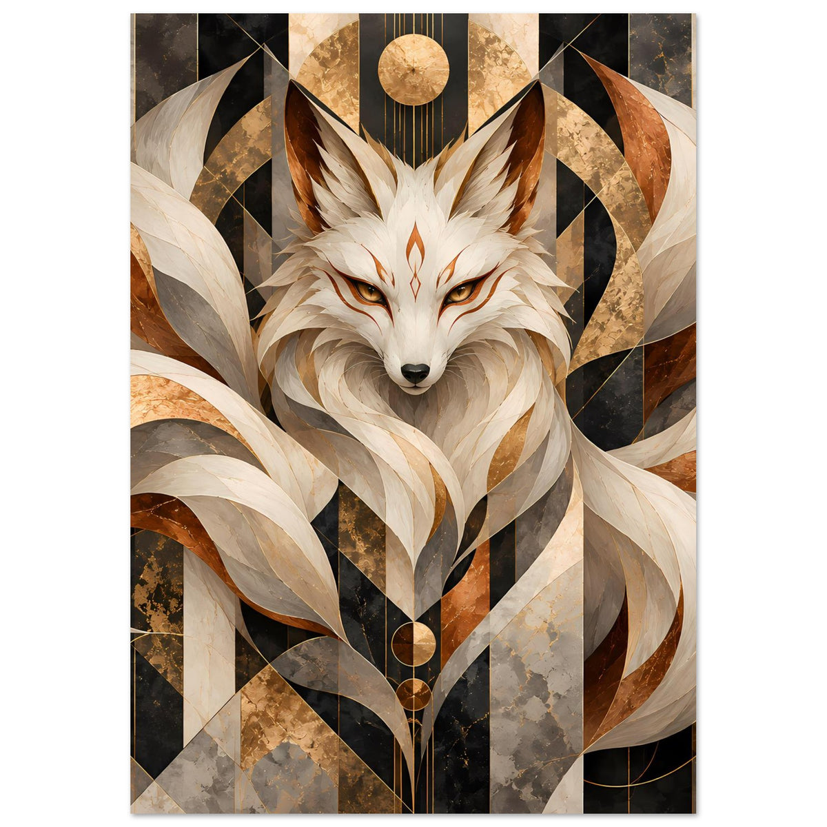 Geometrisches Poster mit beigem Fuchsgesicht, goldbraunen Akzenten und stilisierten Flügeln