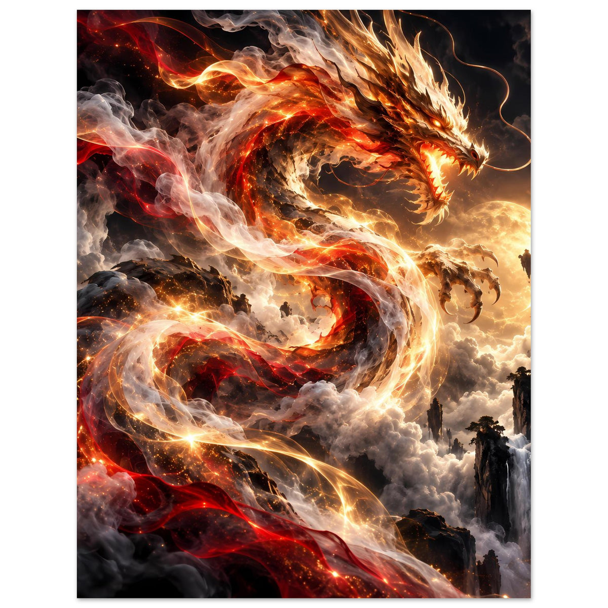 Vertikales Fantasy-Poster mit flammendem Drachen und verschlungenen Feuerschlangen