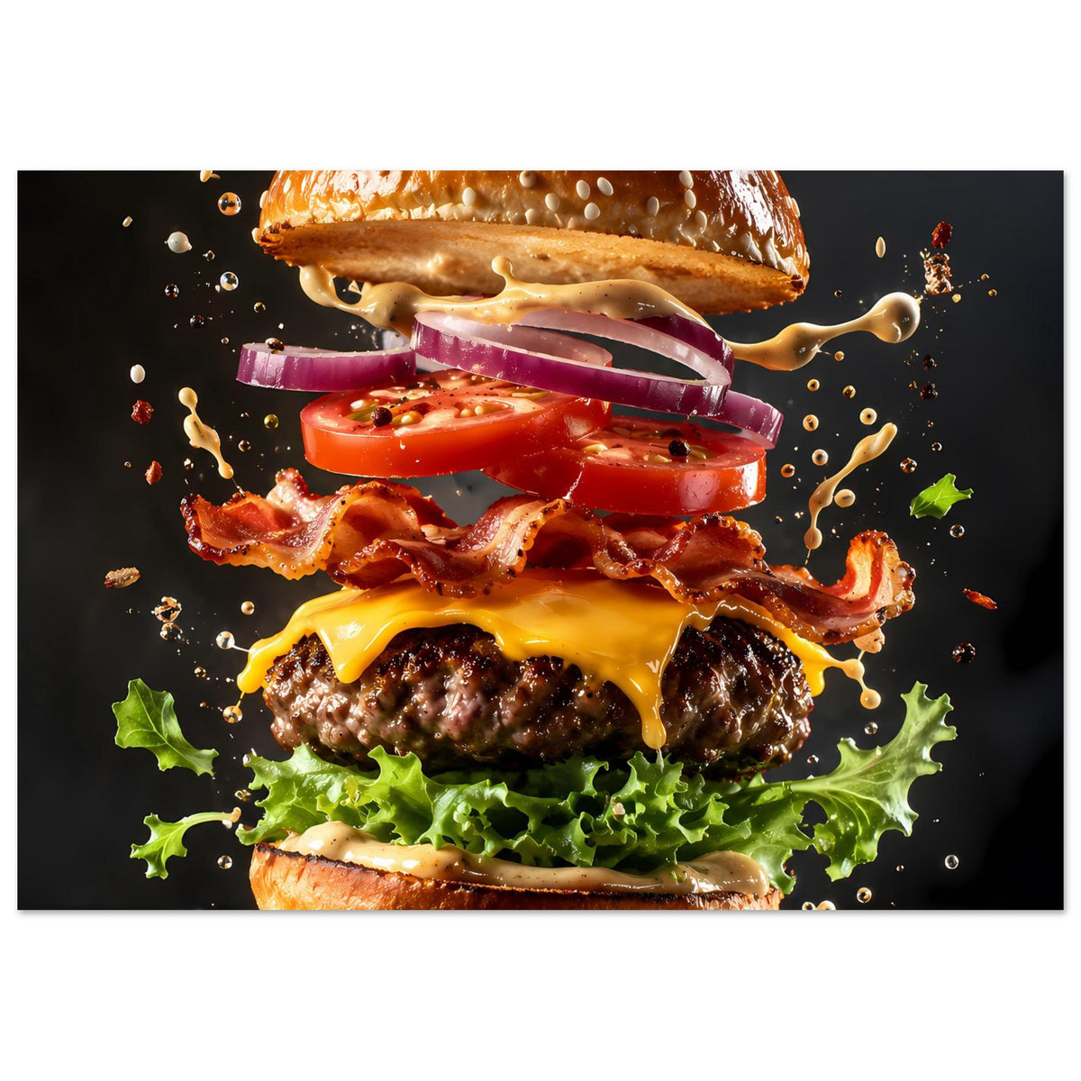 Buntes Poster (Ausschnitt): Burger-Illustration mit violetten Zwiebeln und roter Tomate.