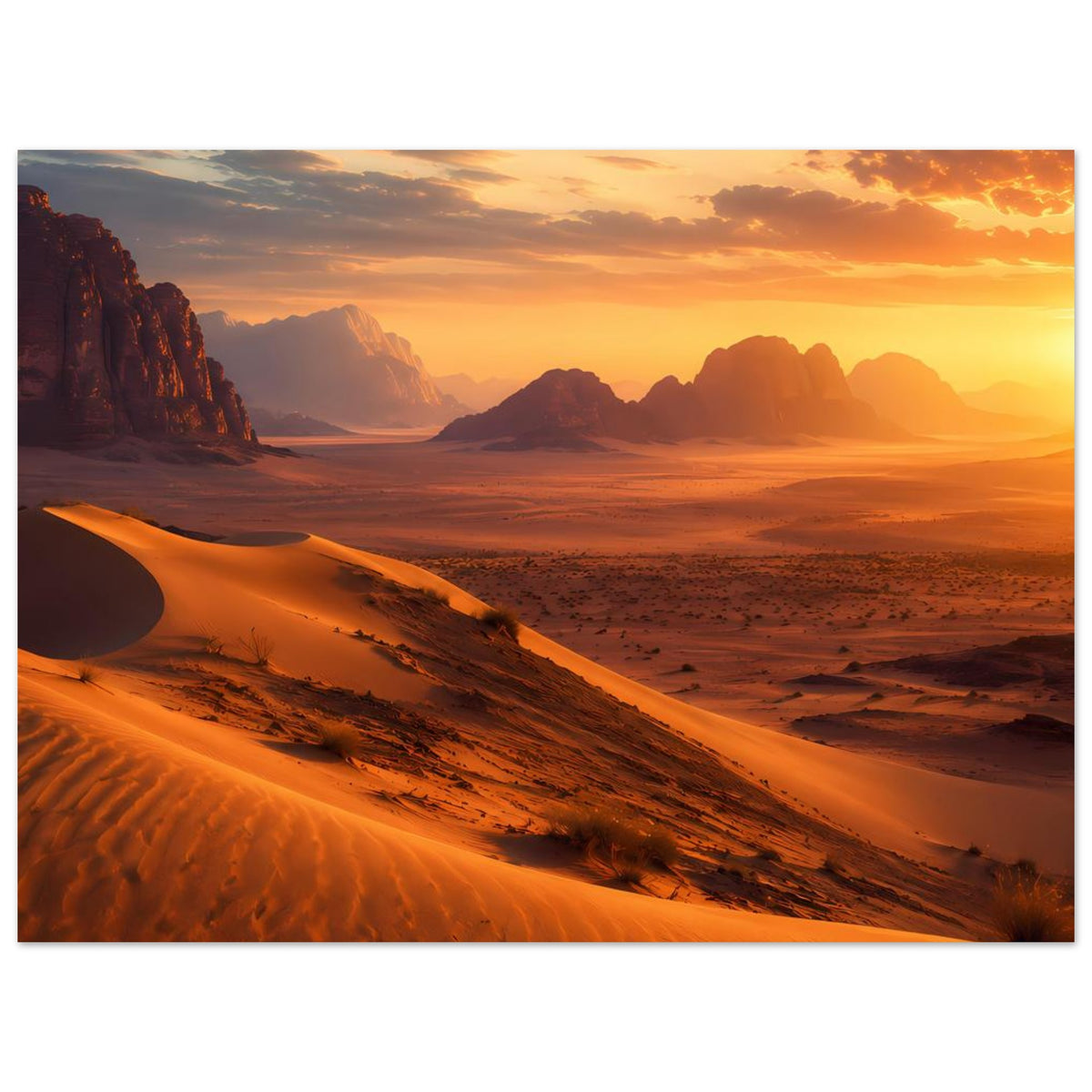 Horizontales Wüstenlandschafts-Poster mit Sandwellen, Felsen und glühendem Sonnenuntergang