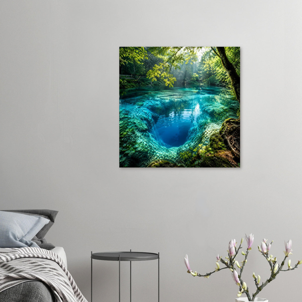 Quadratisches Poster im schwarzen Rahmen mit blau-grünem Waldsee und Felsufer