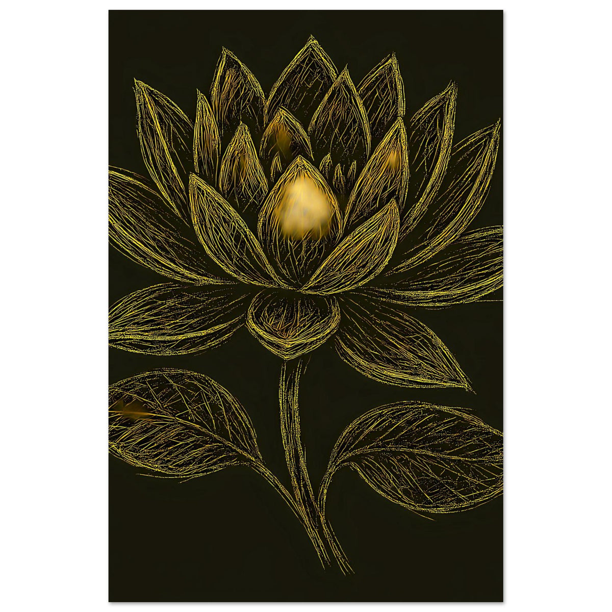 Hochformatiges Poster mit goldener Lotusblüte, feine Linien und Blattornamente