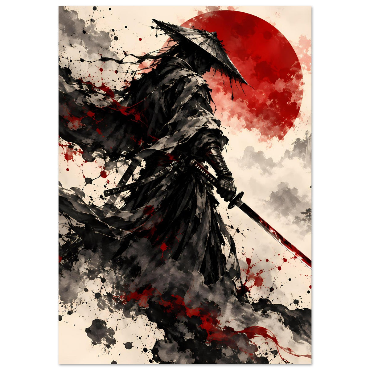 Samurai-Krieger-Poster mit roter Sonne, Federhelm und Katana, hochformat