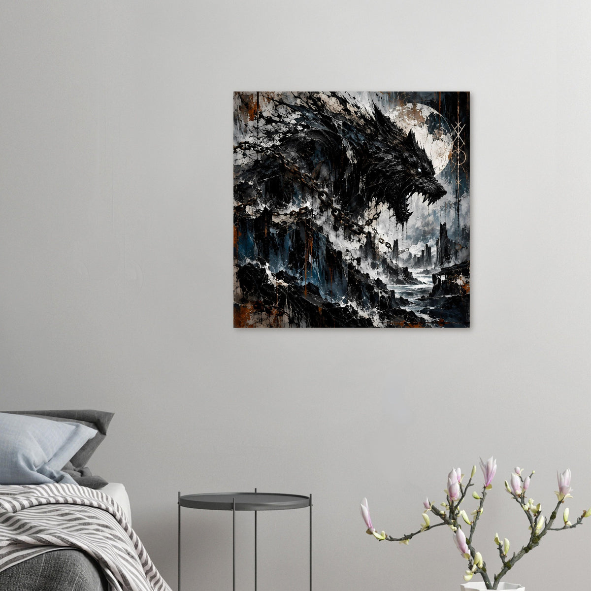 Kleines Wolfskopf-Poster mit Vollmond, Ketten und düsterer Küstenlandschaft
