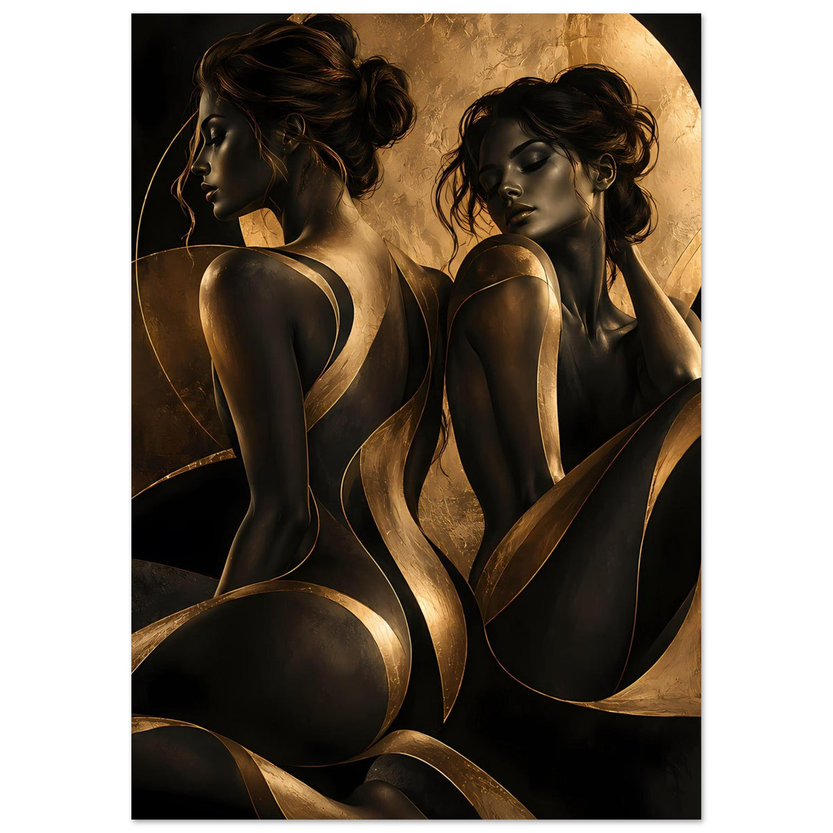 Kunstposter hochkant mit zwei Frauenakt-Silhouetten, schwarz-goldenes abstraktes Motiv