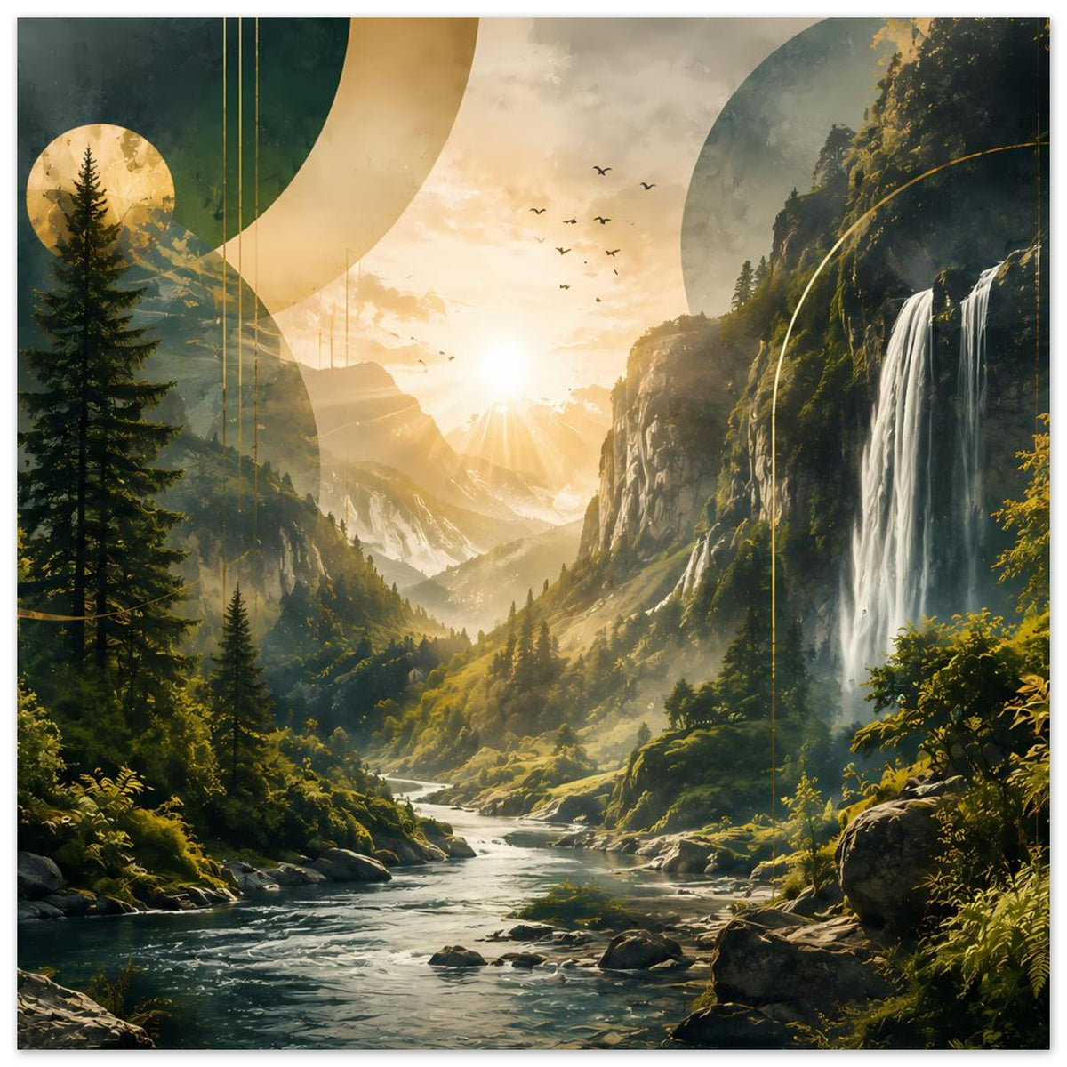 Landschafts-Poster: Wasserfall, Fluss, Fichten, Berge und goldener Lichtschein