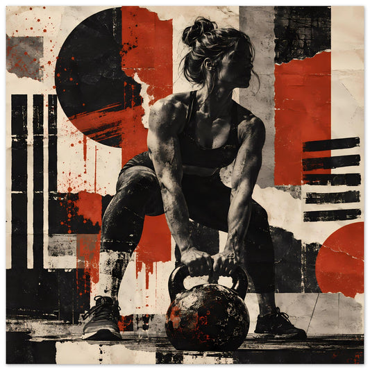 Fitness-Kunstposter: Schwarzweiße Athletin mit Kettlebell, rote und schwarze Graffiti-Elemente.