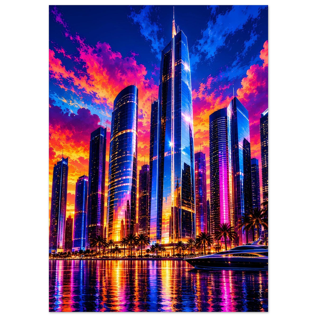 Stadtposter mit leuchtendem Wolkenkratzerensemble und Reflexionen im Wasser