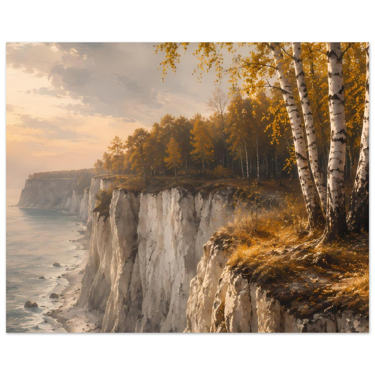 Herbstliches Küstenlandschafts-Poster (quer) mit Kreidefelsen, Strand und Birken im gelben Laub, matt.