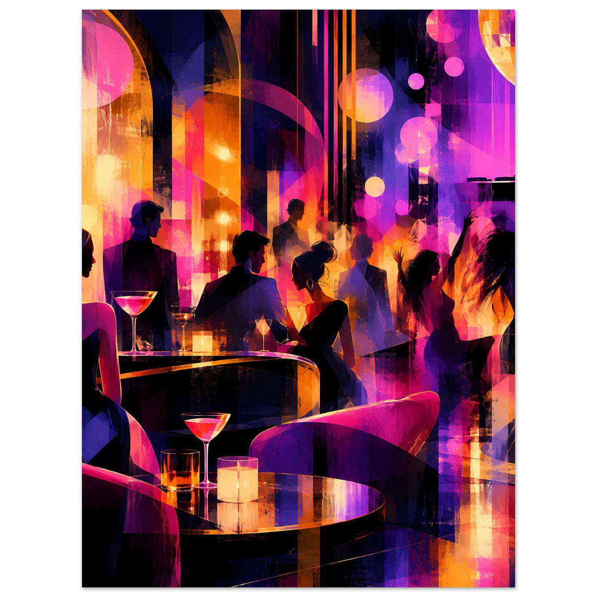 Hochformat-Poster: Nachtclub-Szene mit Personen an runden Tischen, violette und orange Lichter