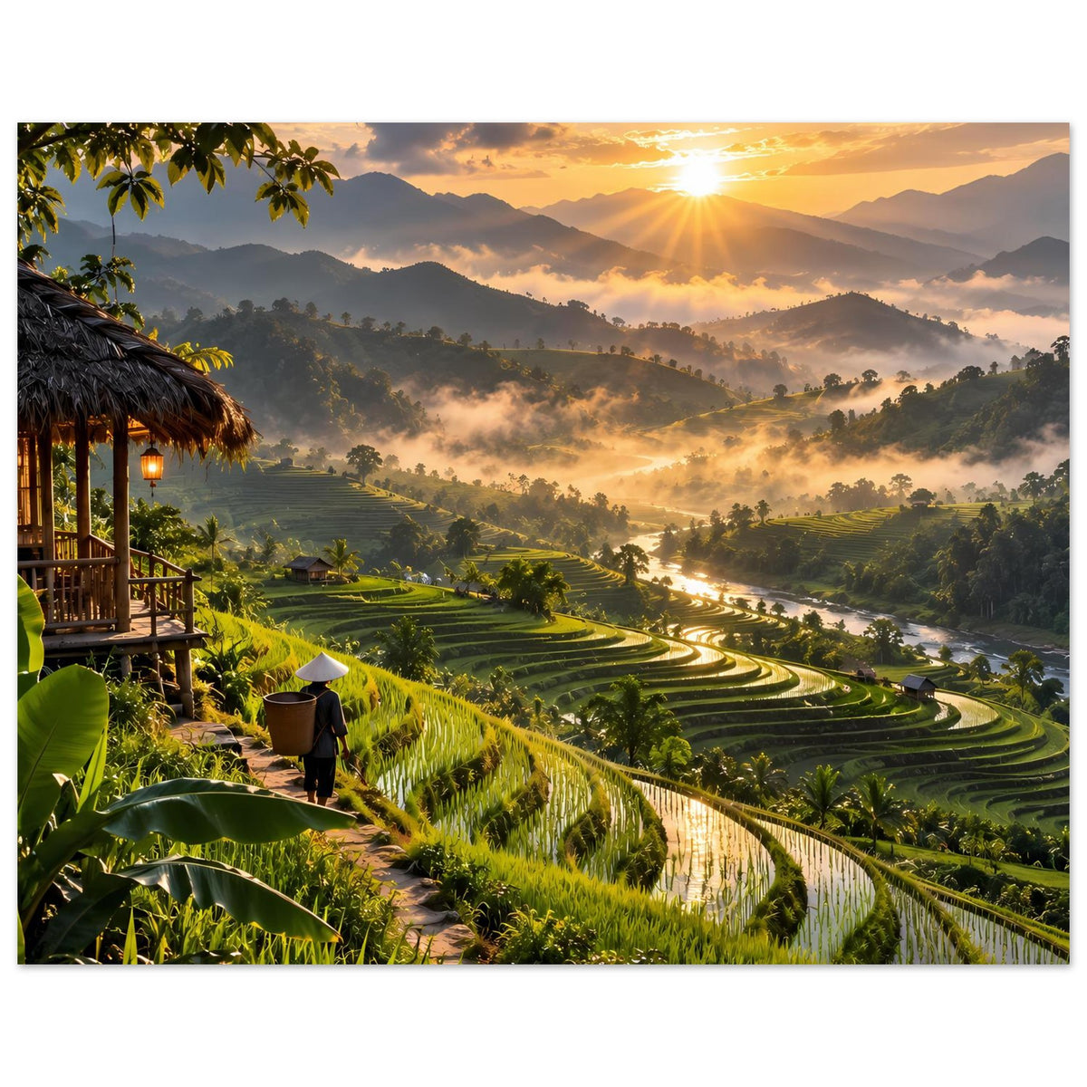 Landschafts-Poster mit Reis-Terrassen, Dunstschichten und Sonne am Horizont
