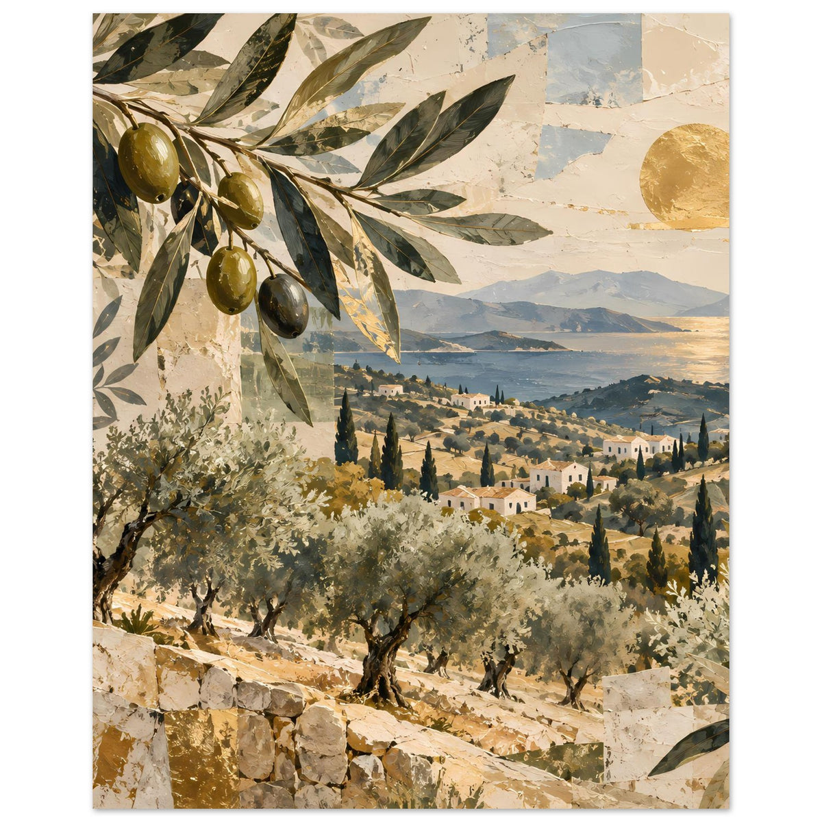 Mediterranes Olivenhain-Poster mit Olivenzweigen oben links und Landschaft mit Dorf im Tal