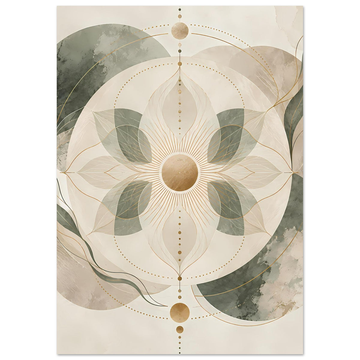 Zen-Poster mit Mandala in Beige, Grün und Gold, symmetrisches Kreismotiv mit Linien und Punkten.