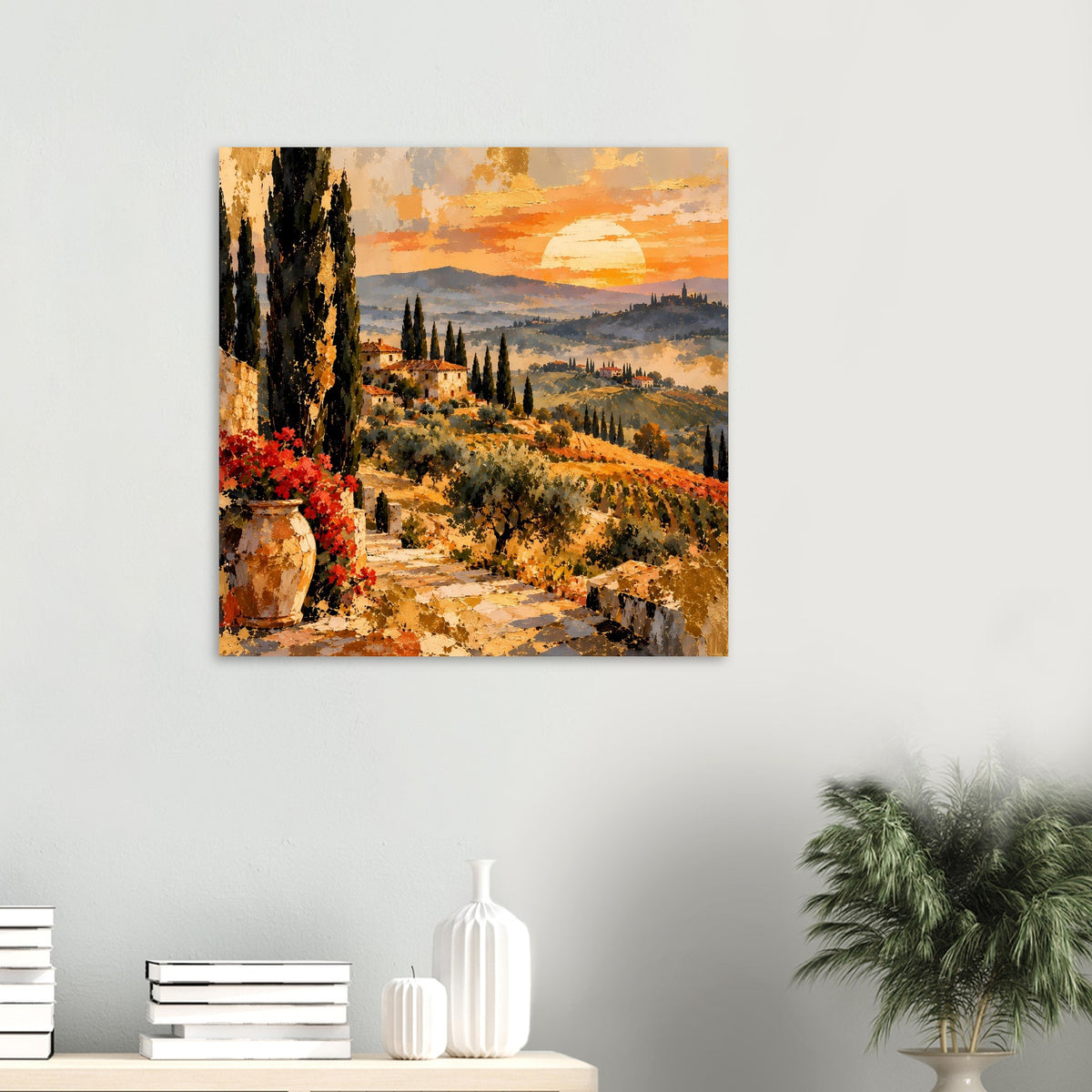 Poster mit toskanischem Landschaftsbild: ländlicher Weg, Zypressen und untergehende Sonne