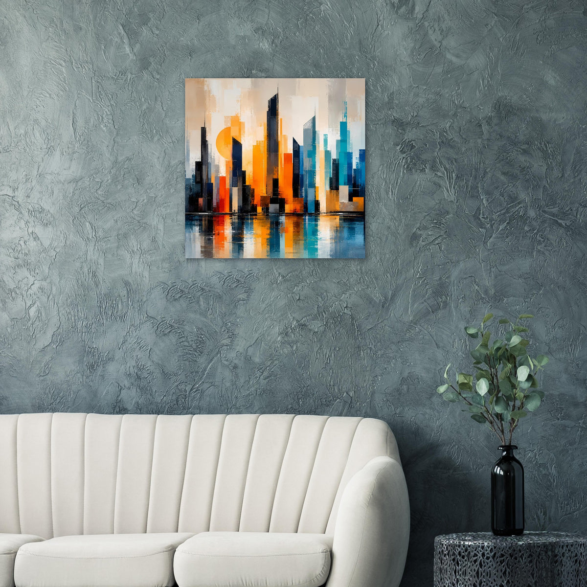 Abstraktes Stadtposter mit Skyline in Orange und Türkis sowie Wasserspiegelung, rechteckig.