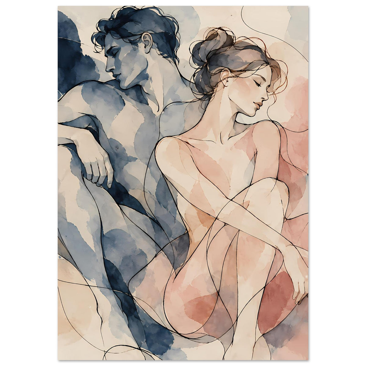 Aquarell-Paarposter im Hochformat, angeschnitten: Frau in Rosa, Mann in Blau, Umarmung