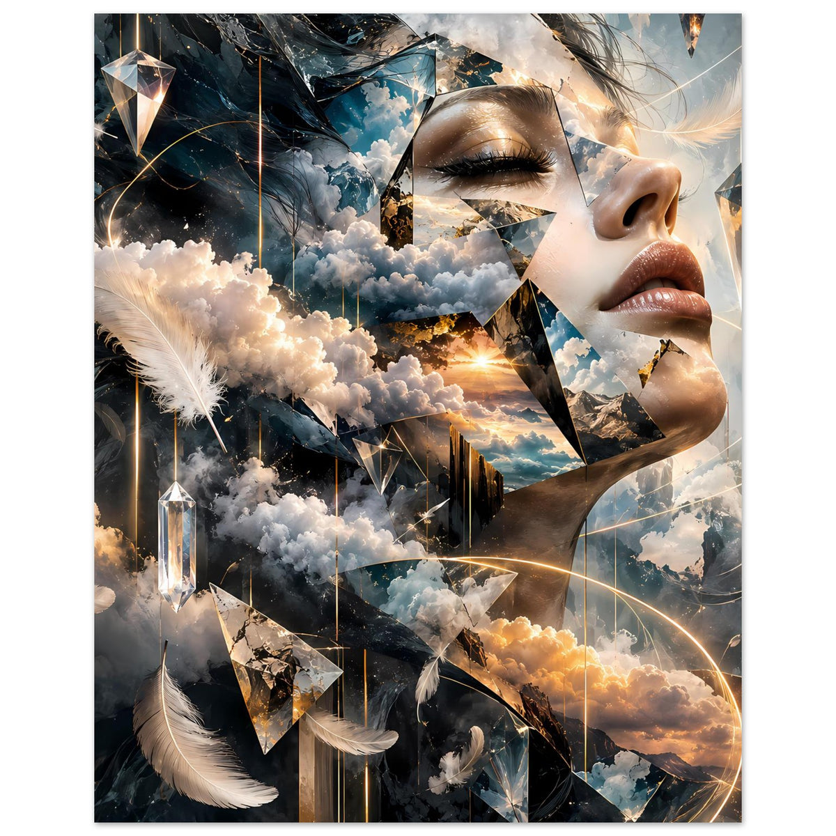 Surrealer Traumlandschafts-Poster im Hochformat mit Frauenkopf, Wolken, Federn und Kristallen