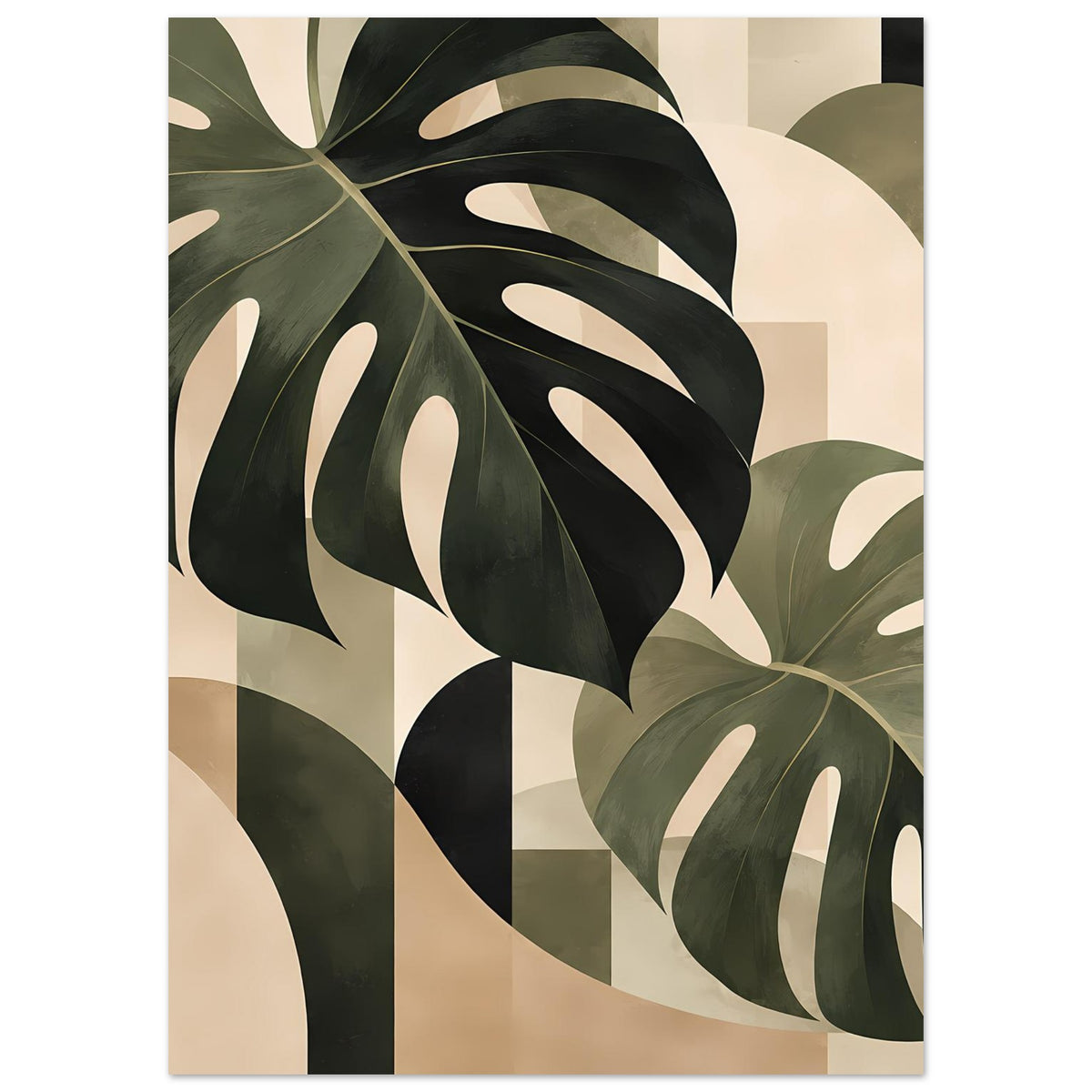 Botanik-Poster mit abstrakten Monstera-Blättern in Salbeigrün, Beige und Schwarz-Dunkelgrün