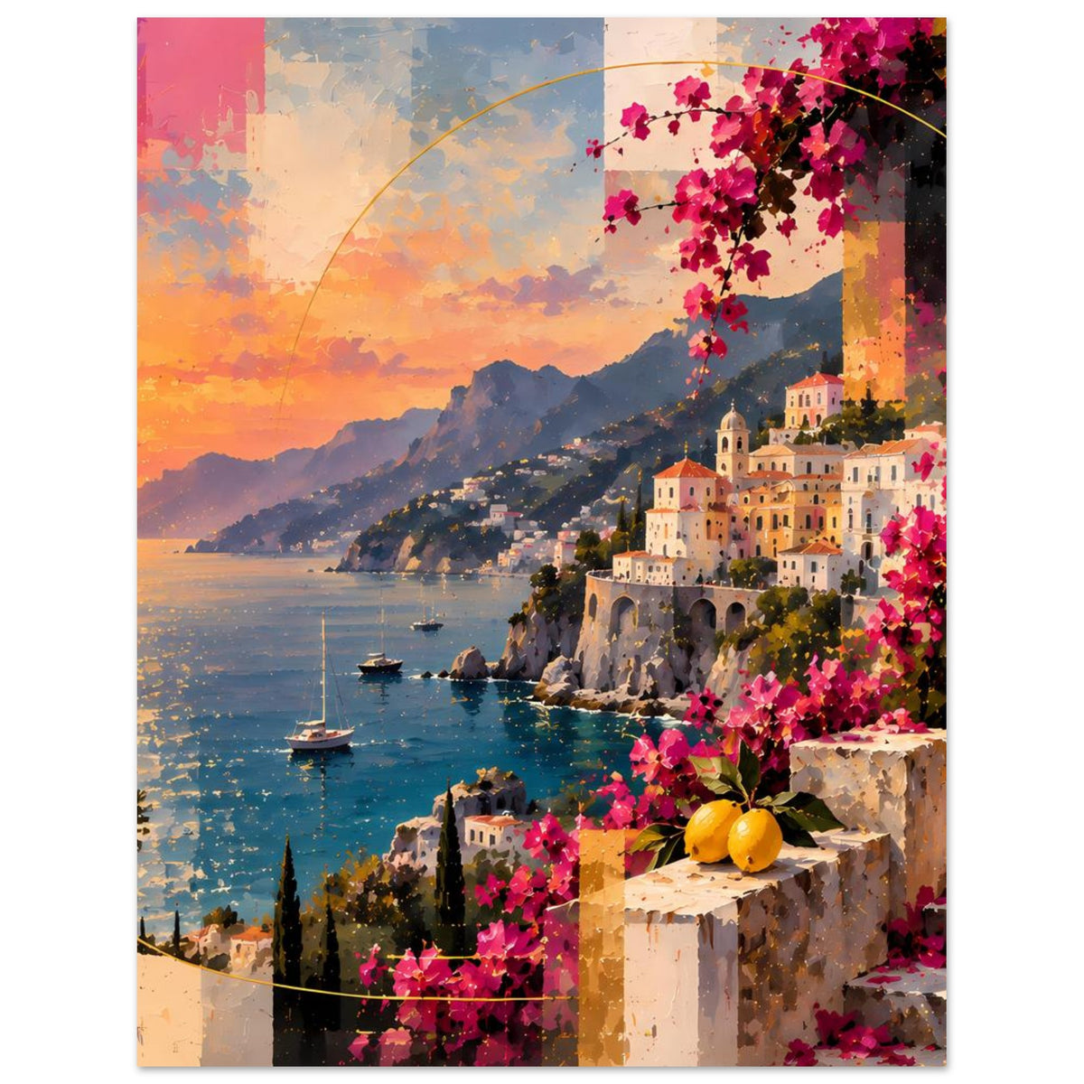 Poster mit Sonnenuntergang am Meer, Booten in der Bucht, Bougainvillea-Trauben und hellen Häusern