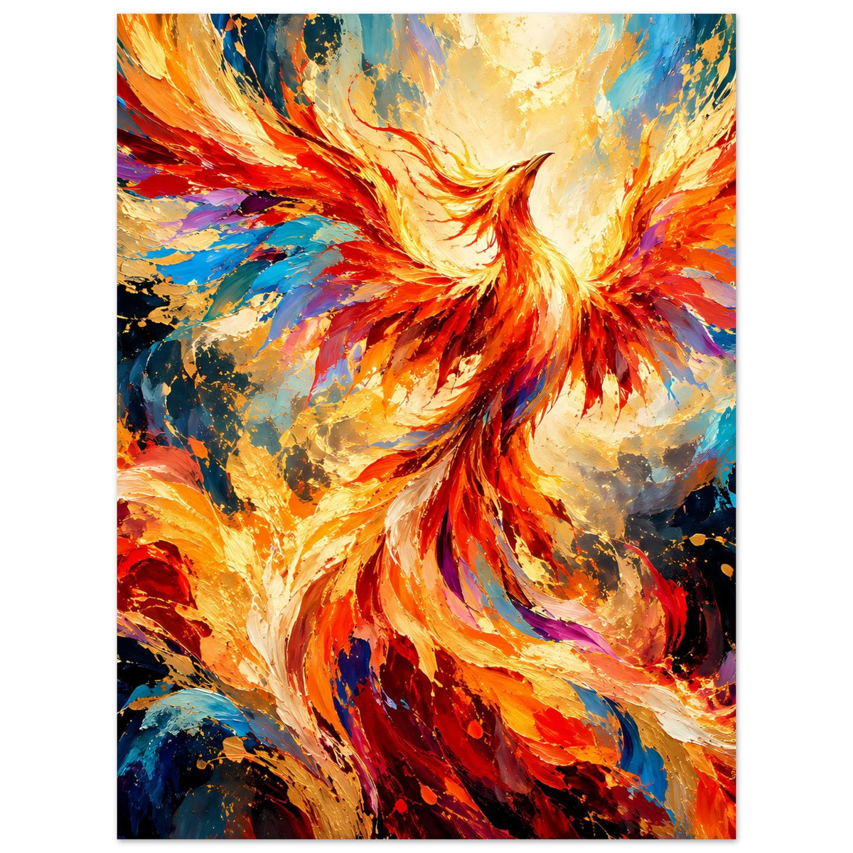 Leuchtendes Phönix-Porträt als Premium-Poster, vertikal mit warmen Orange- und Blautönen