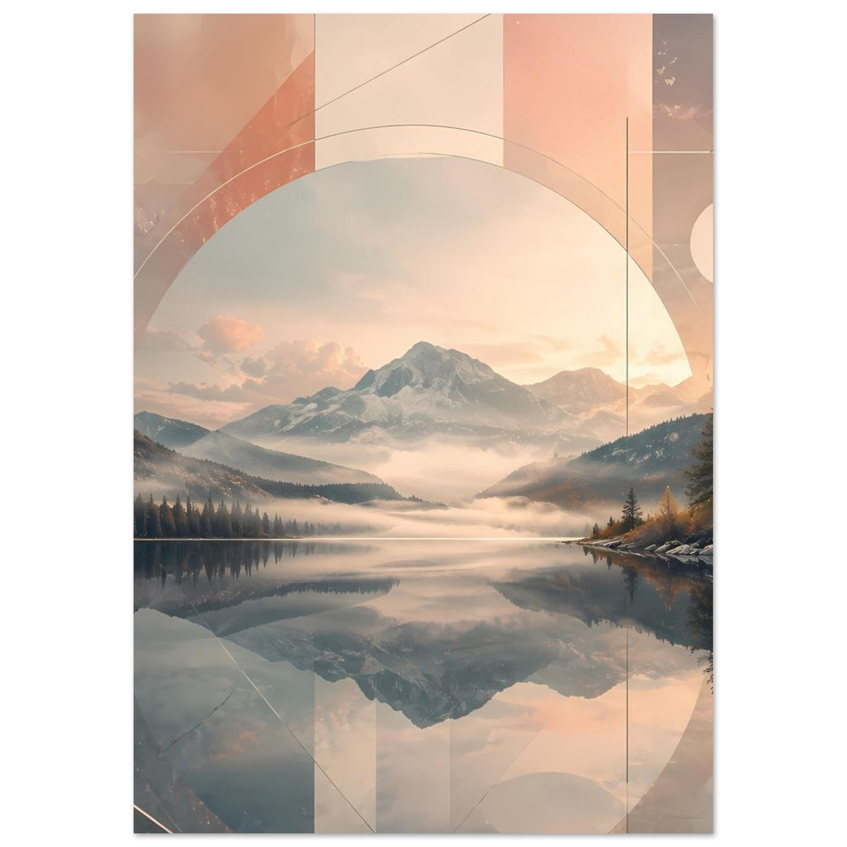 Vertikales Poster mit abstrakter Bergsee-Grafik, geometrischen Flächen und Linien in Beige und Blau