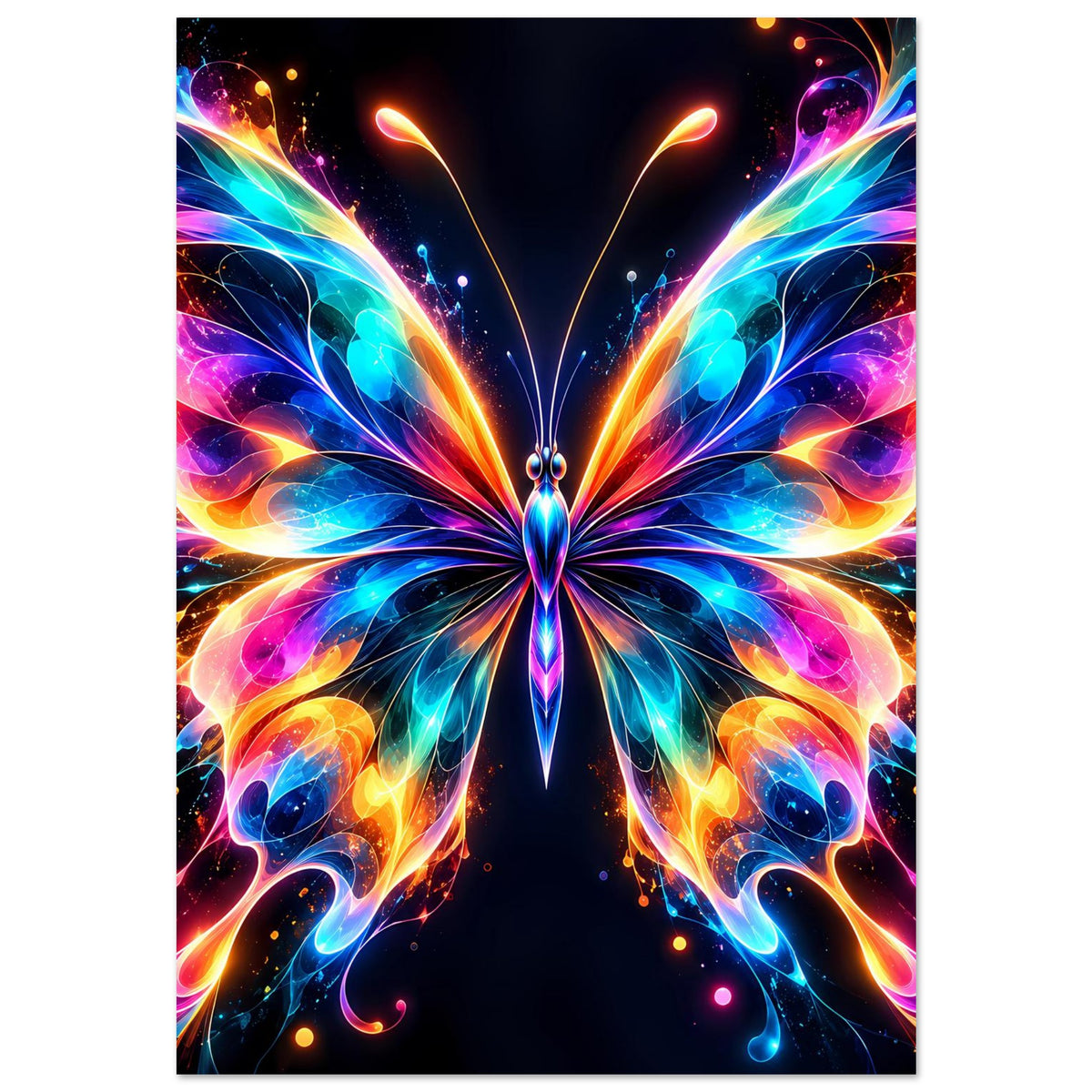Neon-Schmetterlingsposter mit symmetrischem Schwingen-Design, Farbverlauf und feinen Lichteffekten