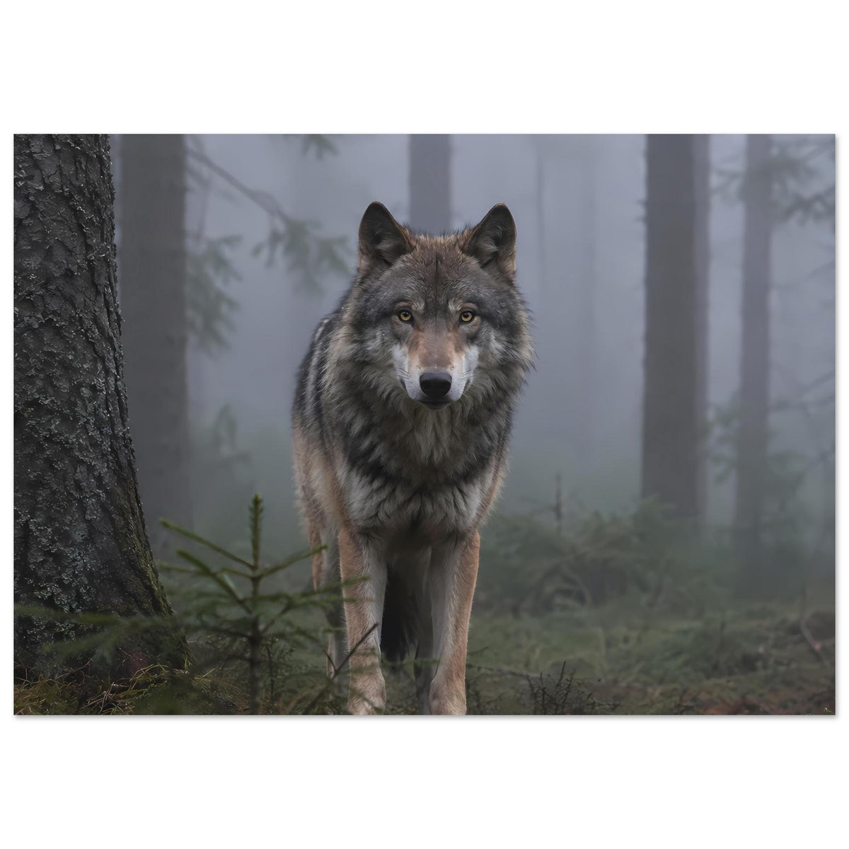Wolfsposter: Wolf frontal im Wald, graubraunes Fell, Blick geradeaus