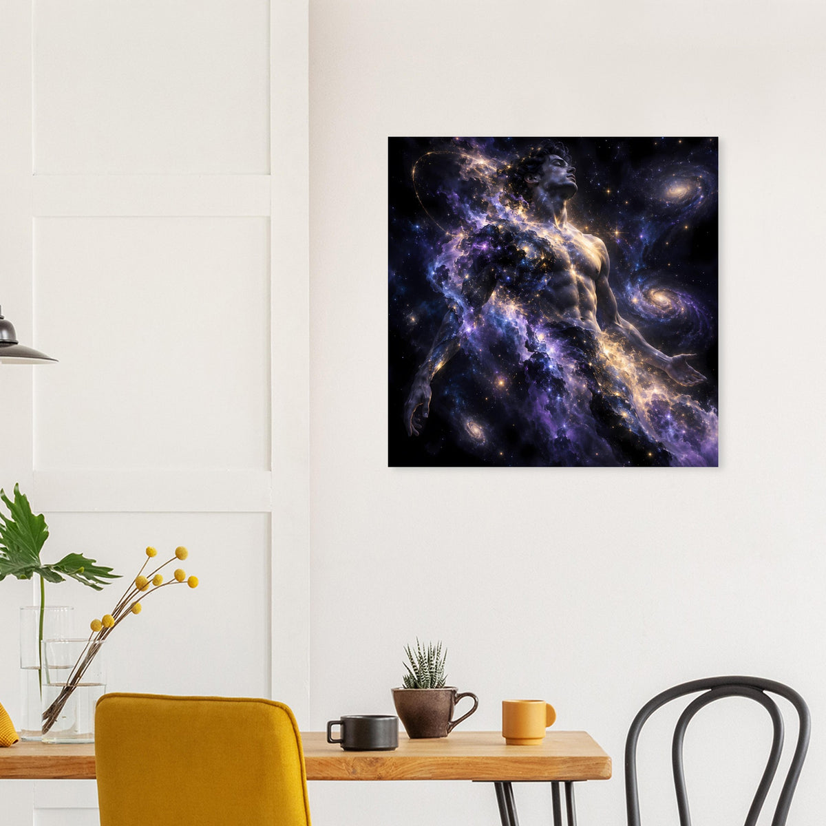 Galaxienposter im Rahmen mit violettem Nebel und goldenen Lichtpunkten