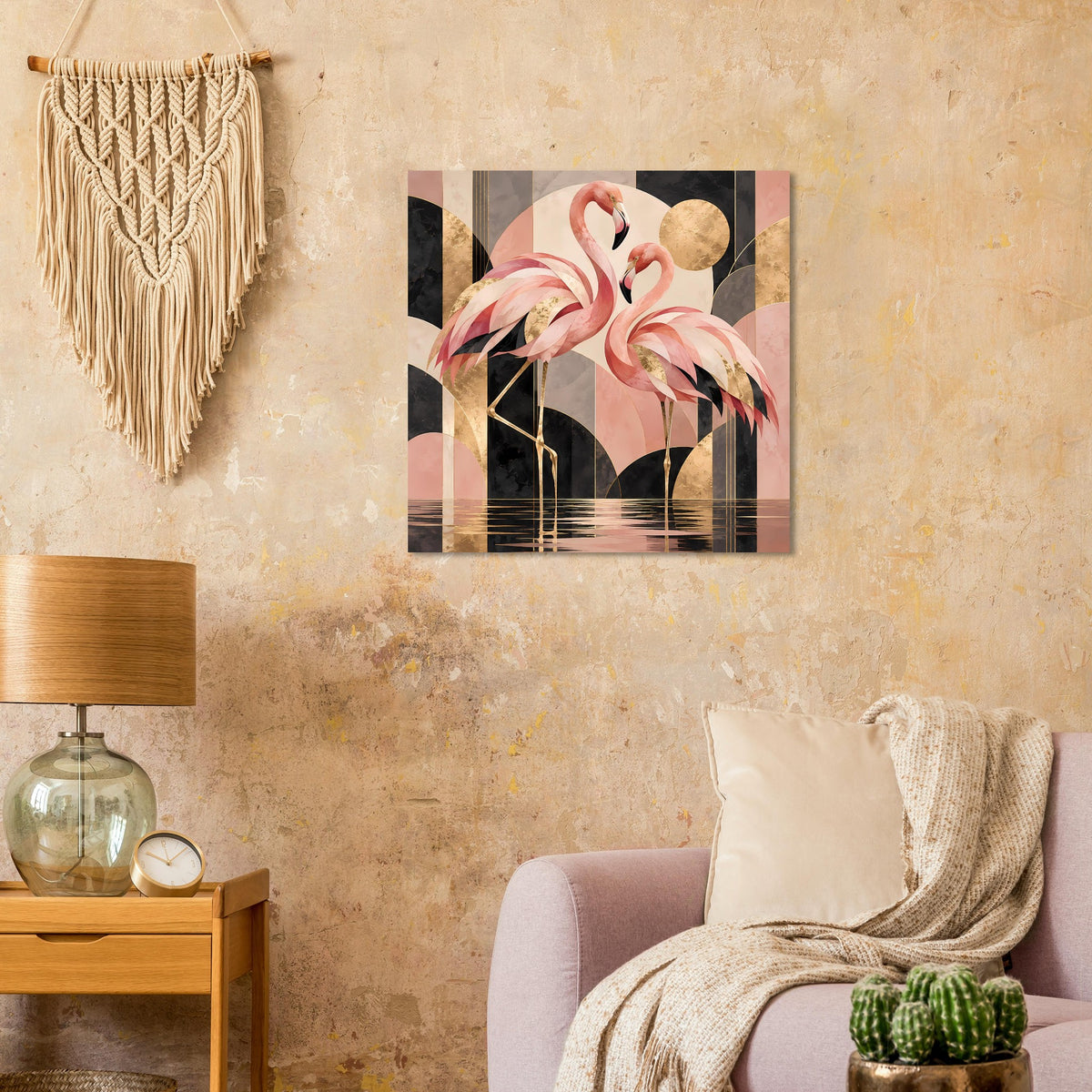 Quadratisches Wandposter mit Flamingo-Porträt, rosa Federn und goldenen Linien