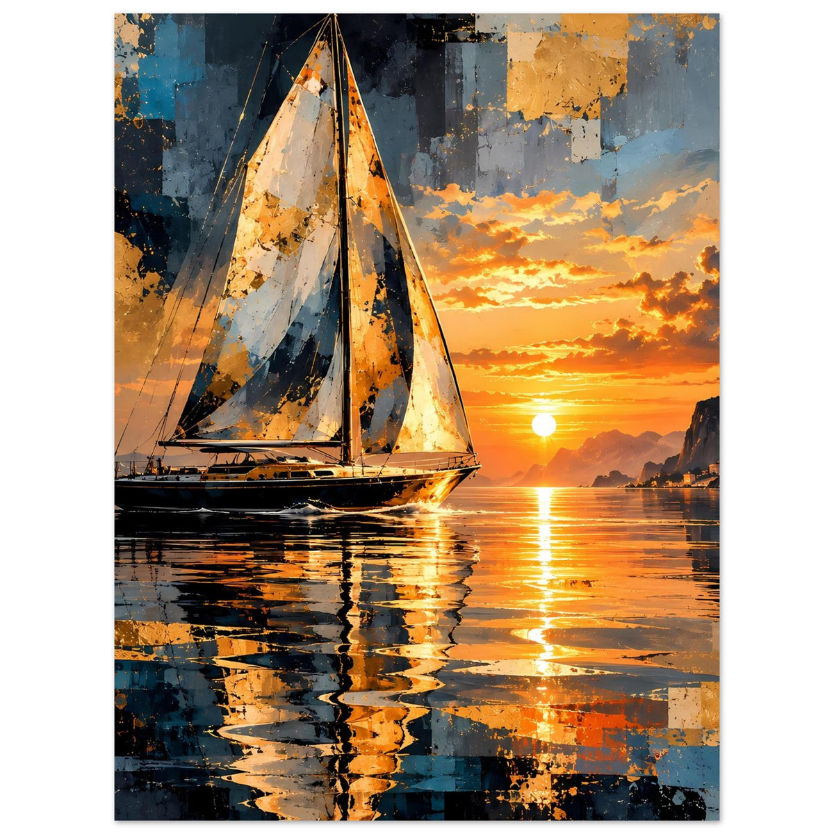 Abstraktes Hochkant-Poster: Segelboot, warme Sonnenuntergangswolken und reflektierender See.