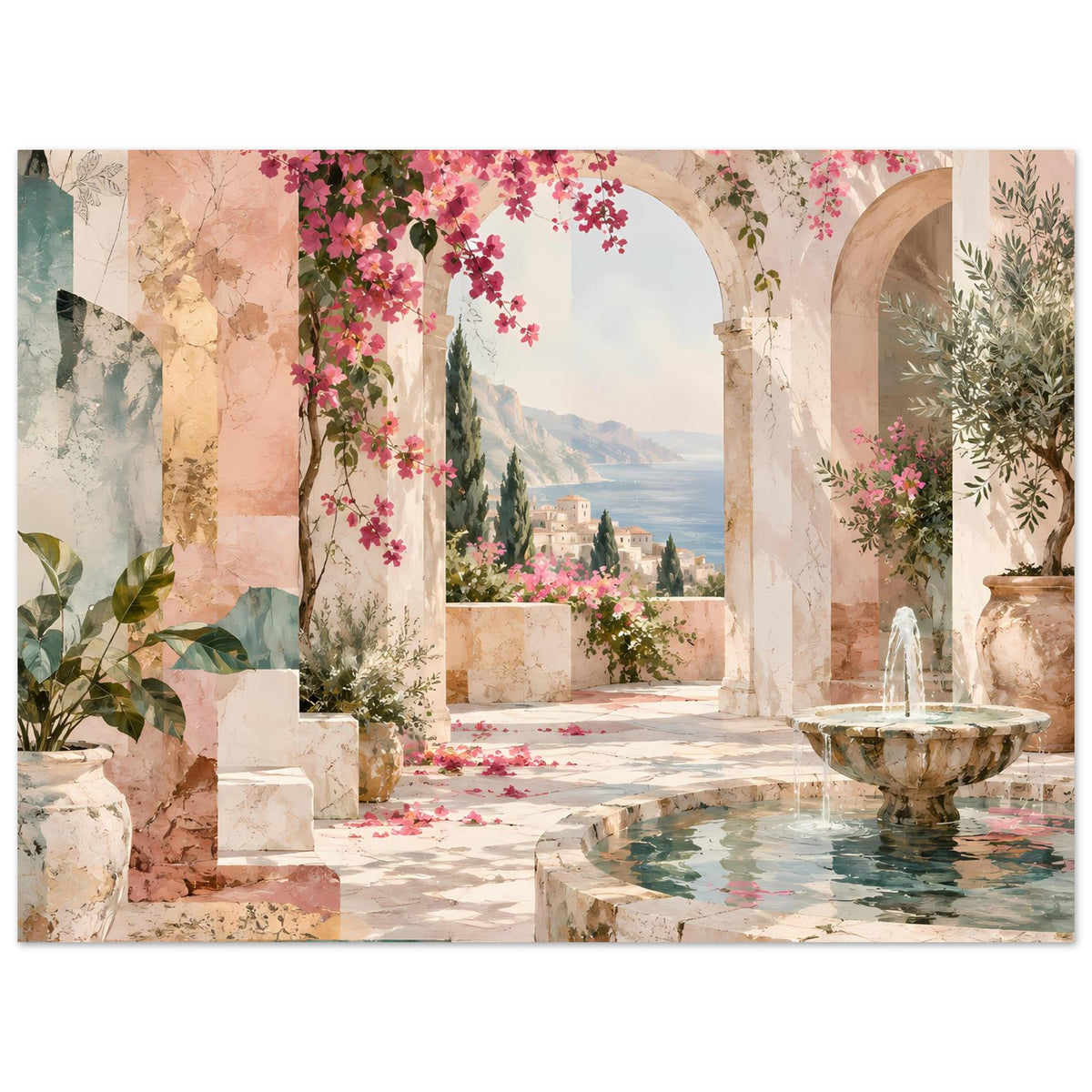 Kunstposter, weite Ansicht: Arkaden, Blumenranken und Naturstein-Brunnen.