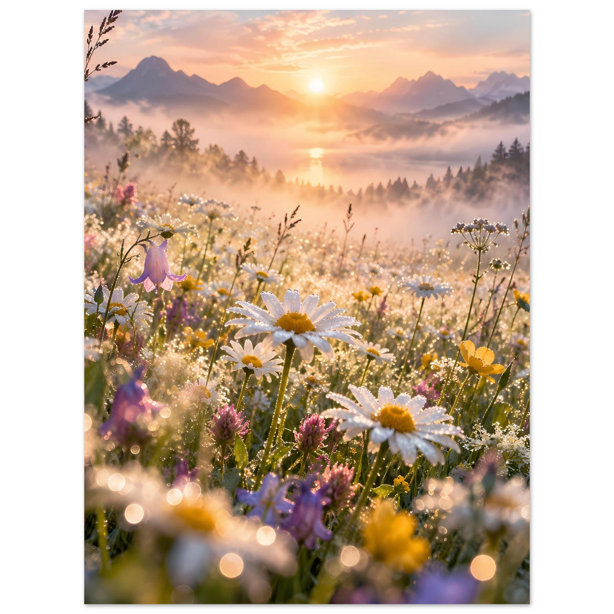 Hochformat-Poster mit Blütenwiese, gelben und weißen Blumen sowie Sonnenaufgang