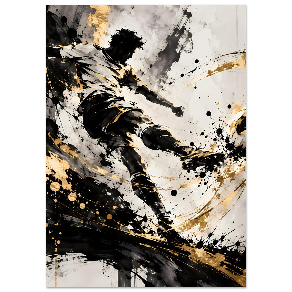 Fußballspieler-Poster, vertikal: Fußballer mit Ball, Schwarz und Goldsprenkel, kräftige Striche