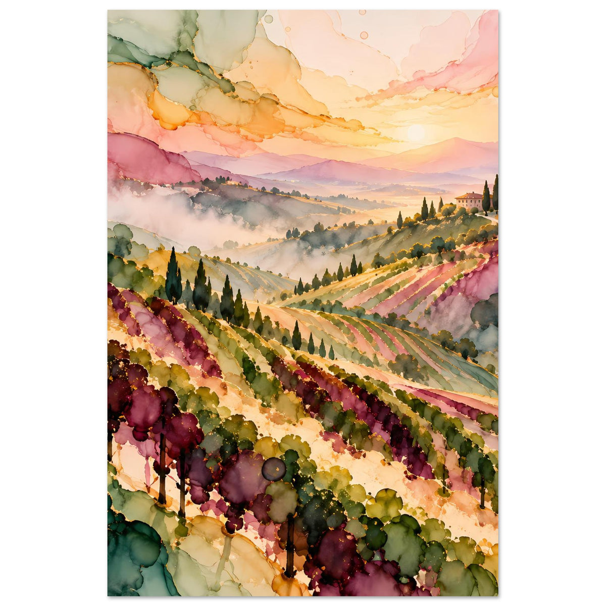 Landschaftsposter mit Aquarell-Weinbergreihen, Hügellandschaft, Zypressen und weitem Himmel