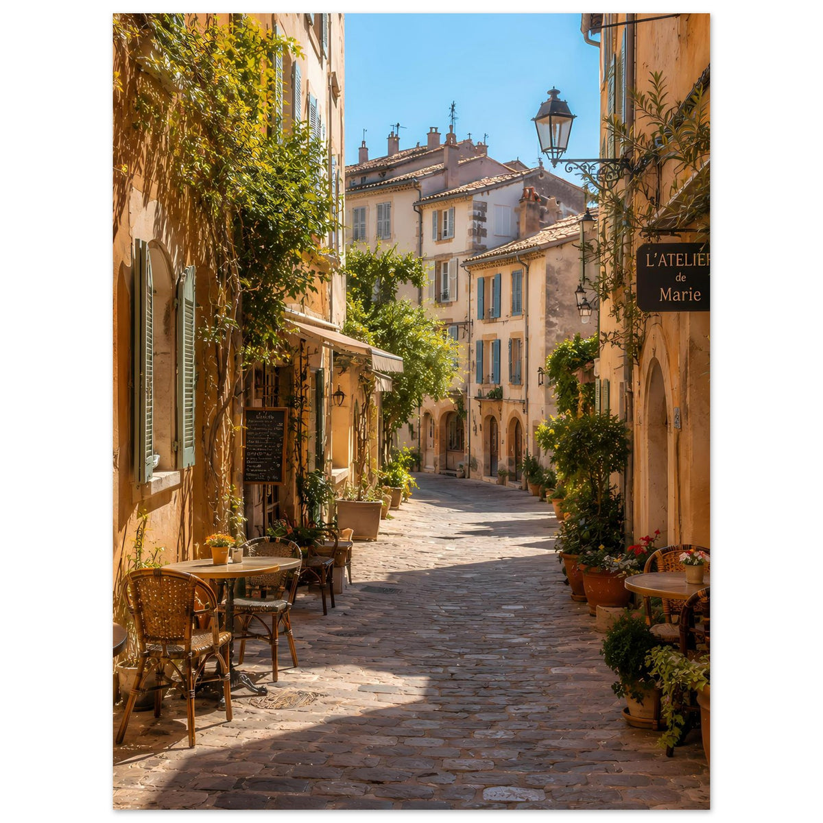 Vertikales Poster mit mediterraner Gasse, Cafétischen und sonnigen Fassaden