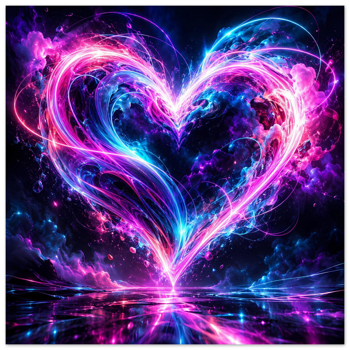 Kunstposter im Querformat? Neon-Herz in Pink und Blau mit Lichtfäden und Reflexion
